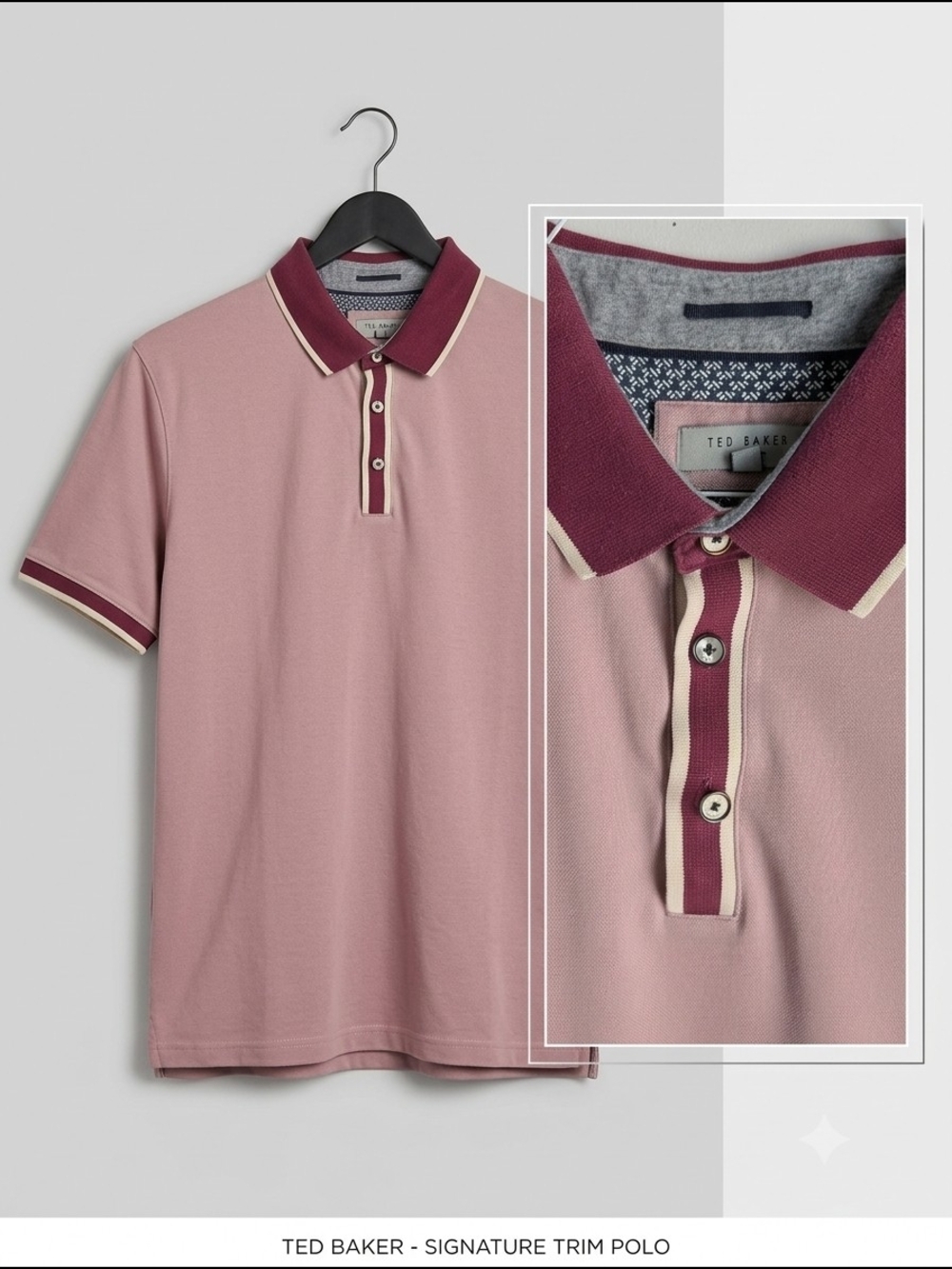 Ted Baker London Polo Shirt Men's Size 5 Pink Maroon Trim Modal Blend 3 Placket